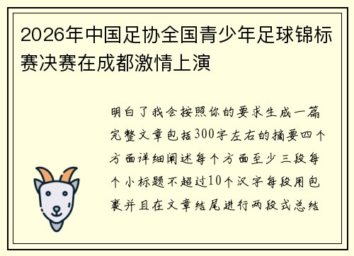 2026年中国足协全国青少年足球锦标赛决赛在成都激情上演