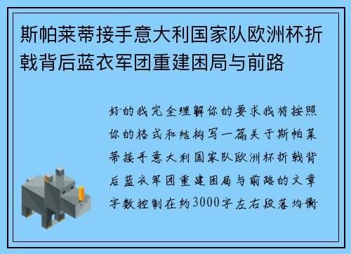 斯帕莱蒂接手意大利国家队欧洲杯折戟背后蓝衣军团重建困局与前路