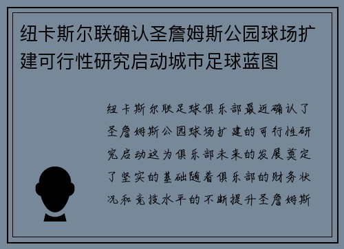 纽卡斯尔联确认圣詹姆斯公园球场扩建可行性研究启动城市足球蓝图
