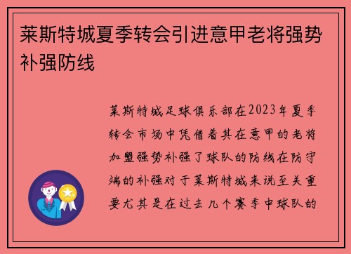 莱斯特城夏季转会引进意甲老将强势补强防线