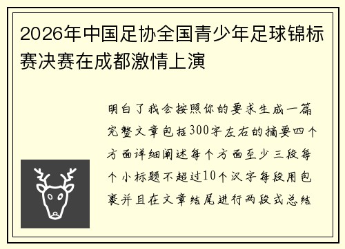 2026年中国足协全国青少年足球锦标赛决赛在成都激情上演